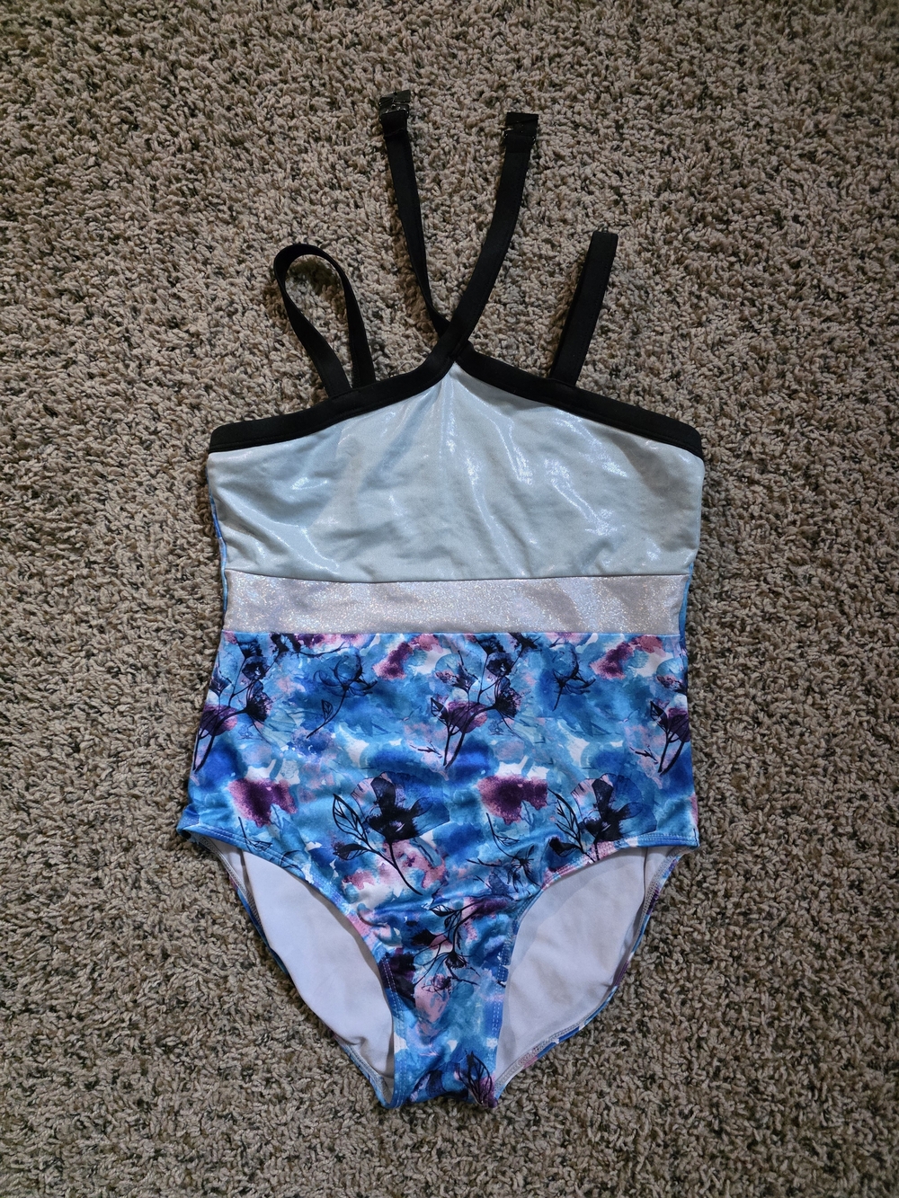 Justice Girls Blue Floral One-Piece Leotard with Black Trim